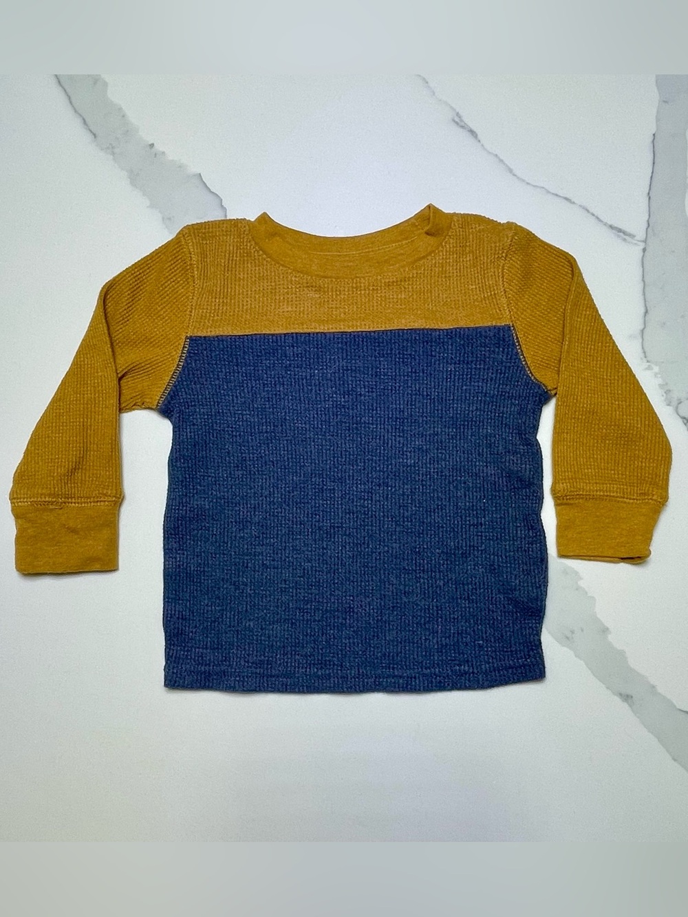 Cat & Jack 12M Mustard and Navy Colorblock Waffle-Knit Long Sleeve Tee